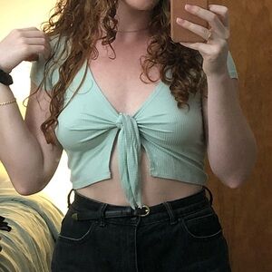 Pacsun Mint Green Tie-Front Ribbed Crop Top
